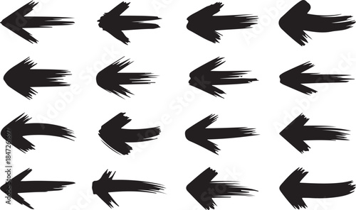 Brush stroke arrows set grunge style direction pointers abstract artistic shapes isolated background