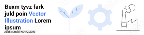 Environmental sustainability, industrial development, manufacturing processes, renewable resources, technology, eco-friendly practices. Leaf, gear and factory line art icons. Sustainability