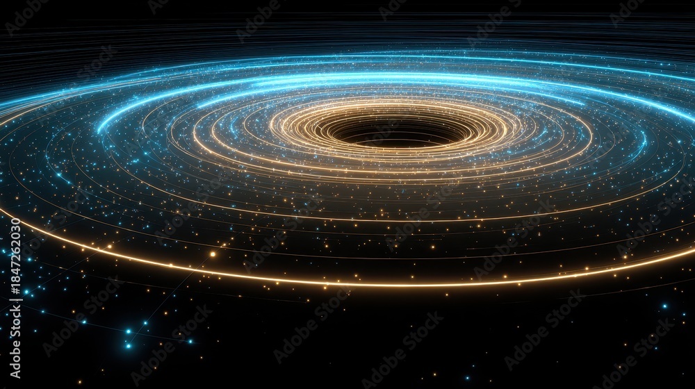 Fototapeta premium Cosmic Vortex of Glowing Blue and Orange Rings with Stars on Black Background