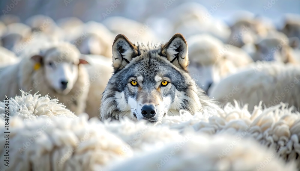 Fototapeta premium Conceptual Scene of a Predator Hidden Among Sheep Representing Deception, Trust, and Psychological Danger