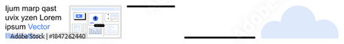 Data management, cloud solutions, digital storage, online collaboration, file sharing, secure access. Cloud and interface display with content blocks. Data management and cloud solutions ion