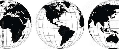Three black and white globes centered on different continents displayed side by side