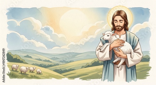 Jesus Christ the Good Shepherd with Lamb, Christian Illustration