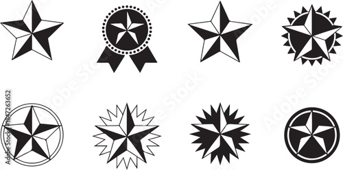 Set of black star badges and emblems on transparent background