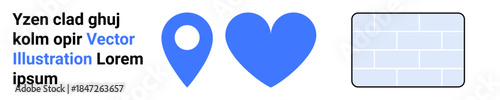 Navigation, love, construction, branding, symbolic meanings, abstract concepts. Blue map pin, heart and brick wall with sample placeholder text. Navigation and love concept