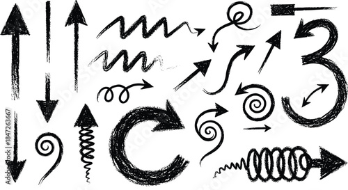 Collection of Hand-Drawn Arrow Icons with Various Styles and Directions