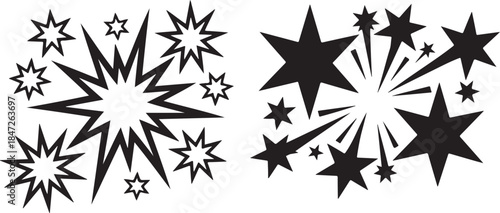 Explosion of black starbursts and star shapes on transparent background