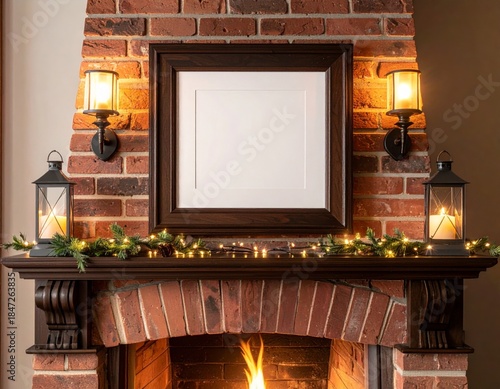 Empty Frame on Red Brick Fireplace Mantel Decorated with Garland and Lights