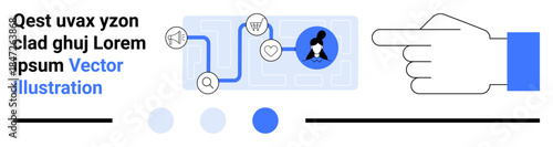 Hand pointing to user profile icon within a navigation bar. Shows cart, favorite, and profile interaction. Ideal for UXUI design, user onboarding, navigation flow, website features, app layout