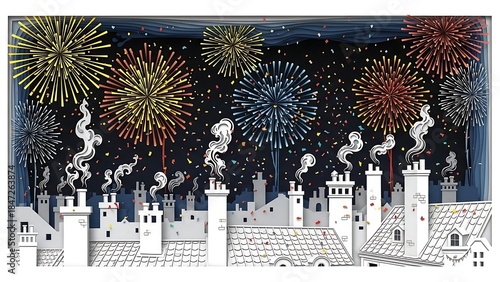 Festive Fireworks Display Over City Rooftops - A Night of Celebration.