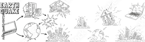 Earthquake illustration showing planet, buildings and laptop affected by seismic activity on transparent background