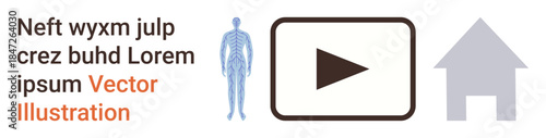 Education, media, technology, anatomy, home, design. Elements include a human anatomy diagram, play button symbol and house icon. Education and media conceptually