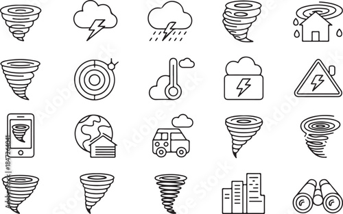 Set of natural disasters and weather events line icons for warning and safety