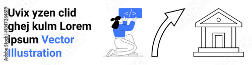 Digital transformation, coding education, data innovation, institutional growth, programming, workforce upskilling. Developer writing code, upward arrow and government building. Digital