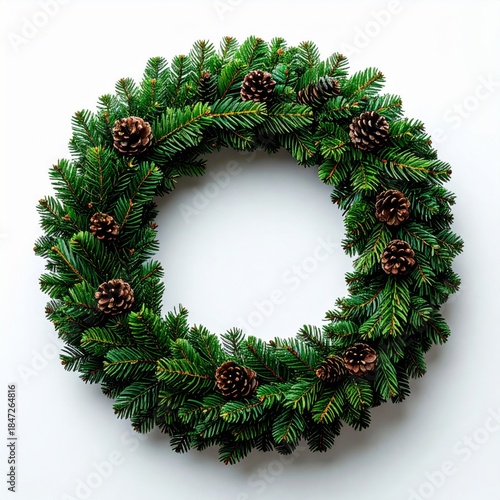 Festive Green Christmas Wreath with Pinecones on White Background Overhead Shot