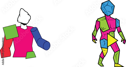 Abstract geometric representations of human figures composed of colorful shapes and polygons