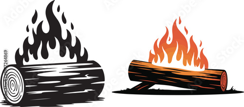 Bonfire on log and another campfire on ground showing warmth and light at night