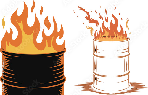 Burning barrel on left and another flaming barrel on right showing waste disposal