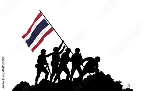 Silhouettes of five heroic soldiers raising the Thailand national flag on a hill. A powerful vector illustration symbolizing victory, patriotism, national pride.