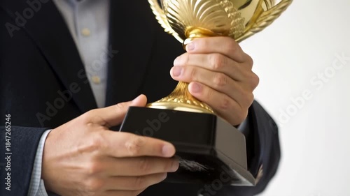 Man in suit holding gold trophy cup and award with proud hands, business victory celebration, confident achievement and warm success emotion