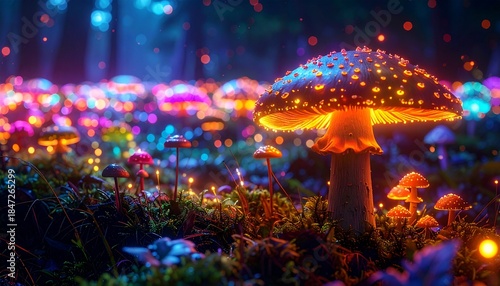 endless field of glowing mushrooms in vibrant colors, magical surreal world
