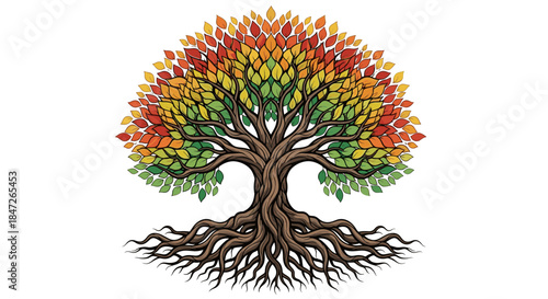 Vibrant Rainbow Tree of Life with Roots and Colorful Leaves Vector Illustration