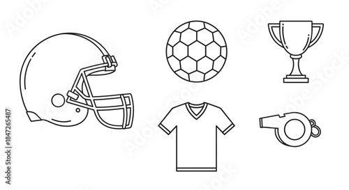 Sports Line Art Icons Set - Football, Soccer, Trophy, and Equipment