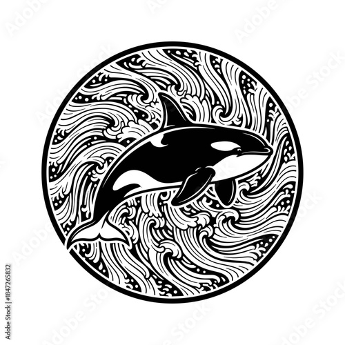 Killer Whale Orca Emblem with Stylized Waves Vector Illustration Black and White