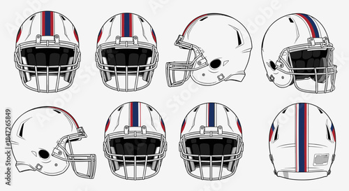 American Football Helmet Multiple Views Line Art Vector Illustration