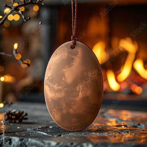 Brown Oval Ornament Hanging Near Fireplace with Warm Lighting and Festive Atmosphere