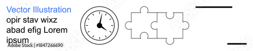 Time management, problem solving, organization, planning, teamwork, structure. A clock, puzzle pieces and horizontal lines. Time management and problem solving concepts