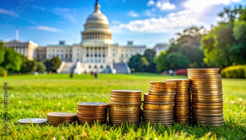 Gold coin stacks on green grass with blurred US Capitol Building, symbolizing government finance, economy, and investment.