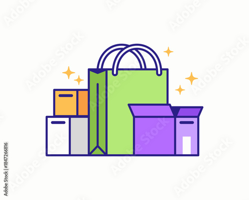 Shopping bags and boxes illustration for retail and ecommerce packaging concept