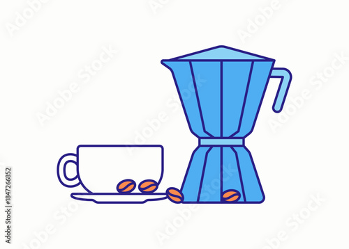 Moka pot coffee maker with cup and coffee beans illustration