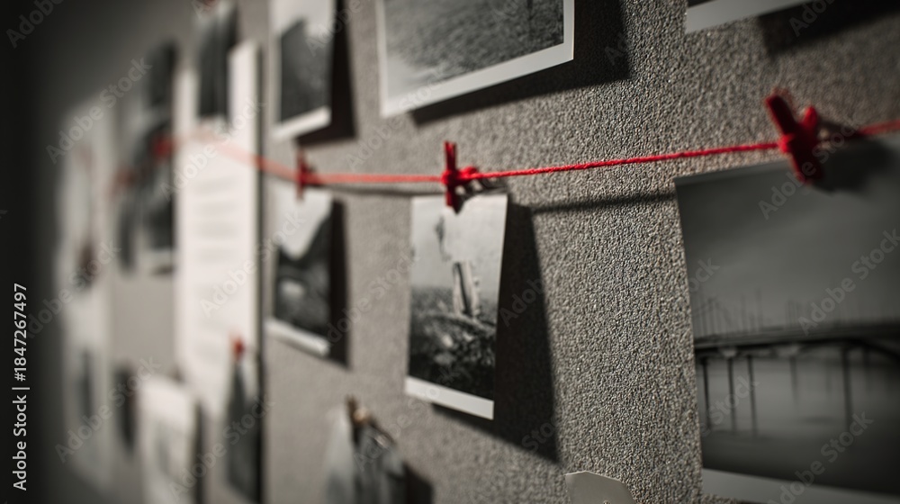 Obraz premium foolishness. A corkboard covered in black and white photos connected by a red thread. lifestyle magazines, social media lookbooks, designed for influencer and brand collaborations.
