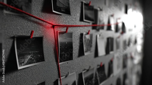 foolishness. A corkboard covered in black and white photos connected by a red thread. lifestyle magazines, social media lookbooks, designed for influencer and brand collaborations.