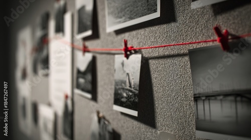 foolishness. A corkboard covered in black and white photos connected by a red thread. lifestyle magazines, social media lookbooks, designed for influencer and brand collaborations.