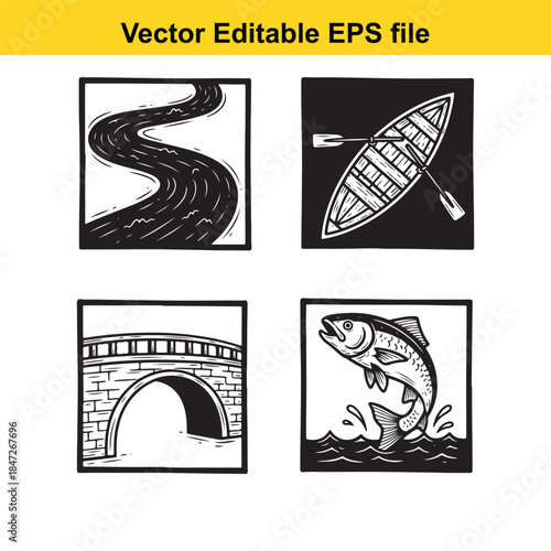  vector illustrations of road, canoe, bridge, and jumping fish in black and white