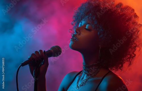 Gorgeous girl with wavy afro hair who sings.  On stage, a beautiful woman sings a karaoke song while using a microphone, spotlights, and smoke