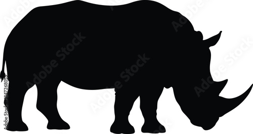 Rhino silhouette vector illustration, wild animal black shape artwork, endangered species design, wildlife conservation concept for safari, nature, and environmental protection themes