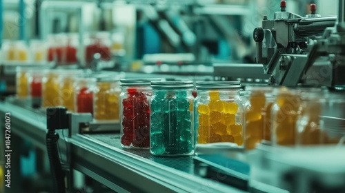 Colorful gummy candies on conveyor belt