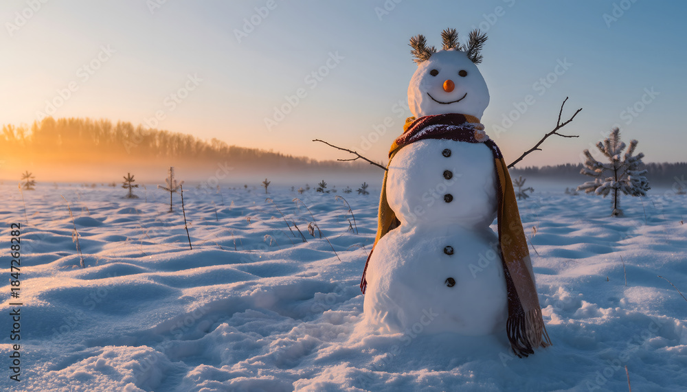 Obraz premium A cheerful snowman wearing a scarf stands in a snowy landscape at sunset