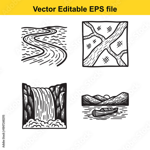  collection of four black and white vector illustrations of river scenes and water elements in editable eps format for design