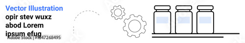 Industrial production, pharmaceutical development, supply chain, automation, manufacturing, technology. Illustration of medicine bottles and gear icons. Pharmaceutical development and automation