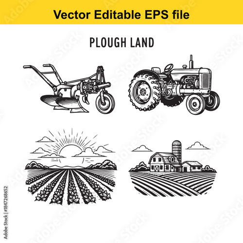  vector illustration of plough land with tractor and farm scenes in editable eps format for agricultural designs
