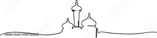 Masjid Mosque One Line Art Vector – Minimal Continuous Line Illustration of Islamic Architecture for Ramadan and Eid Celebration