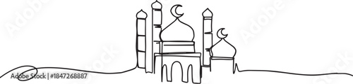 Masjid Mosque One Line Art Vector – Minimal Continuous Line Illustration of Islamic Architecture for Ramadan and Eid Celebration