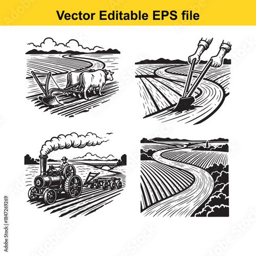  four black and white illustrations of farming scenes with tractors and plows in fields