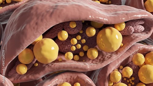 Microscopic View of Adipose Tissue Showing Fat Cells and Associated Structures Within Pinkish Tissue Under Soft Lighting