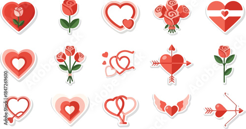 Charming Vector Stickers of Hearts and Roses for Valentine's Day